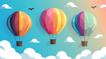 Obraz premium Colorful hot air balloons floating in a blue sky with scattered clouds and birds, creating a whimsical and cheerful scene.
