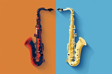 Naklejka premium Colorful illustration of two saxophones on vibrant orange and blue backgrounds, showcasing musical instruments and artistic design.