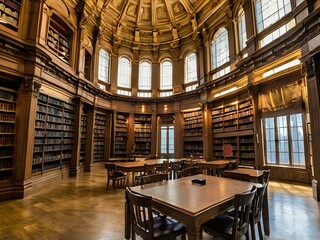 A large and luxurious library with tables and chairs with a large fireplace in the center