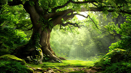 Fototapeta premium Ancient lush tree with sunlight shining through in the background, tranquil outdoor nature, enchanting natural landscape