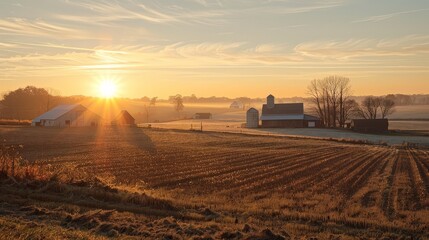 Fototapeta premium A rural farm bathed in the first light of day, with the golden sun highlighting fields and barns, evokes a sense of tranquility.