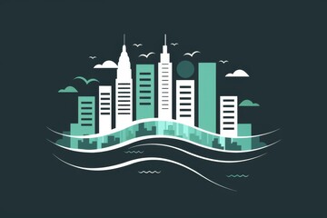 Fototapeta premium Modern cityscape illustration featuring skyscrapers, clouds, and birds in a minimalist art style. Perfect for urban-themed designs.