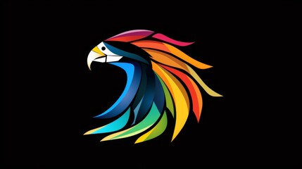 Obraz premium Vibrant digital illustration of a parrot with rainbow feathers on a black background, perfect for modern and colorful design projects.