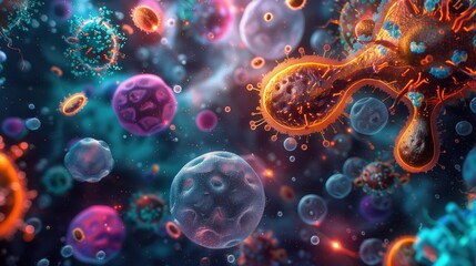 Microscopic view of diverse viruses and cells