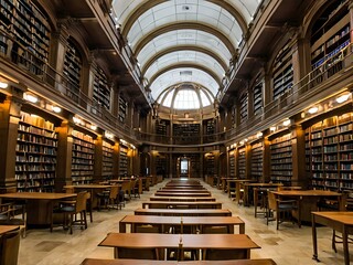 A large and luxurious library with tables and chairs with a large fireplace in the center