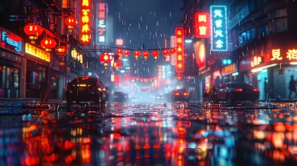 Obraz premium Empty Chinatown street illuminated by neon signs, rainy night with glistening reflections, cyberpunk aesthetic, hyper-detailed, illustration background