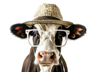 A black and white cow wearing a straw hat and glasses, looking directly at the camera.