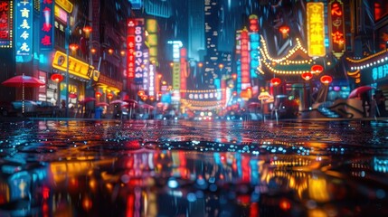Obraz premium Empty Chinatown street illuminated by neon signs, rainy night with glistening reflections, cyberpunk aesthetic, hyper-detailed, illustration background