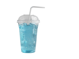 A clear plastic cup with a blue beverage and a straw, isolated on a white background.