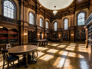 A large and luxurious library with tables and chairs with a large fireplace in the center