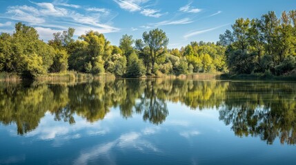 Fototapeta premium A serene lake mirrors the surrounding trees and sky, its still waters creating a perfect reflection of nature's tranquility.