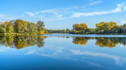 A serene lake mirrors the surrounding trees and sky, its still waters creating a perfect reflection of nature's tranquility.