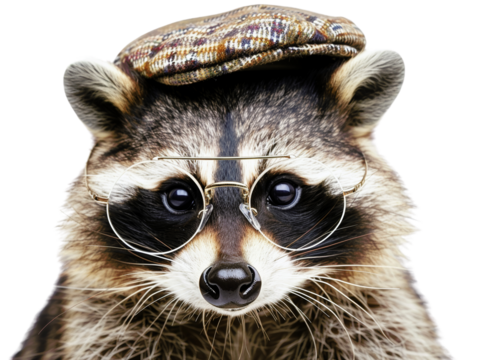 A raccoon wearing a cap and round glasses, looking directly at the camera with a serious expression.