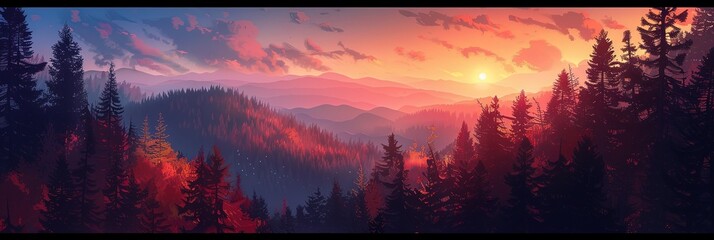 unset as seen from the top of a forest, we see the too of many different color trees, 