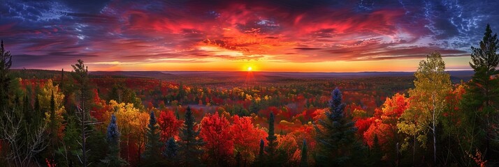 unset as seen from the top of a forest, we see the too of many different color trees, 
