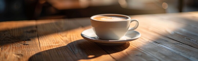 Fototapeta premium Cup of coffee with latte art on a wooden table