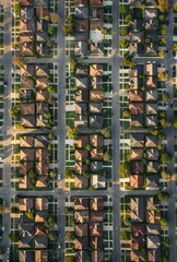 An aerial view of a neighborhood with many houses and trees. AI.