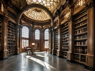 A large and luxurious library with tables and chairs with a large fireplace in the center