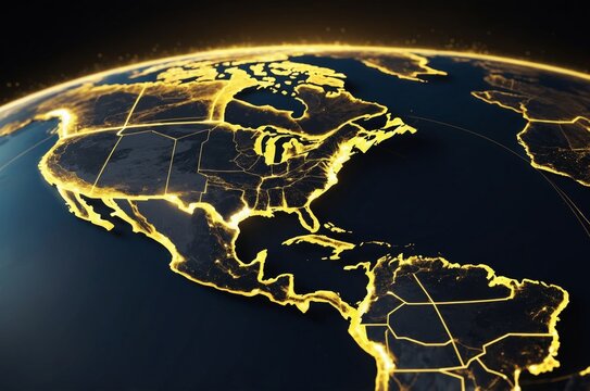 Digitally rendered globe with north america highlighted glowing lines representing connections and urban landscapes
