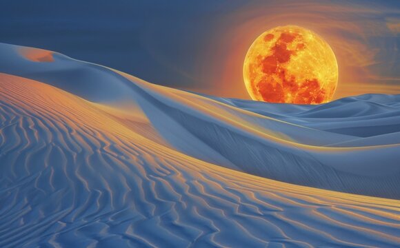 A full moon rises over the desert in a beautiful sunset. AI.