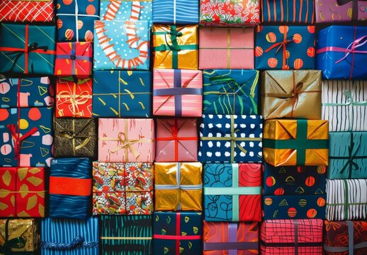 A large pile of wrapped presents are stacked on top of each other. AI.