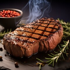 Grilled steak photoshoot with a smoky backdrop.