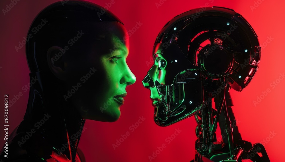 Poster two robots face to face with one in red and the other green. ai.