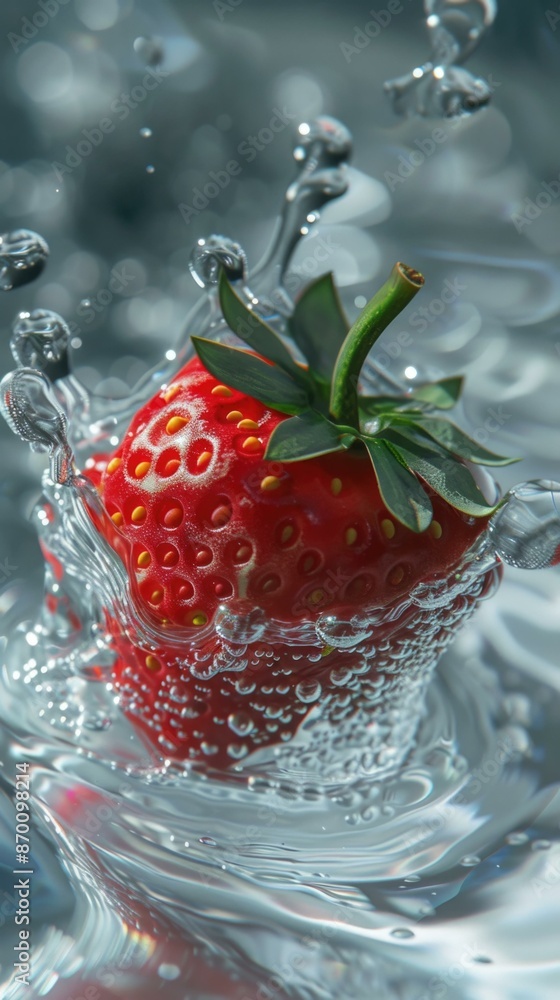 Poster a strawberry is being splashed in water. generative ai.