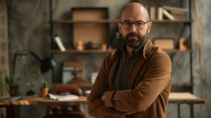 Fototapeta premium A man with a beard and glasses standing in front of shelves. AI.