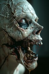 Naklejka premium A close up of a creepy looking zombie head with blood dripping from it. AI.