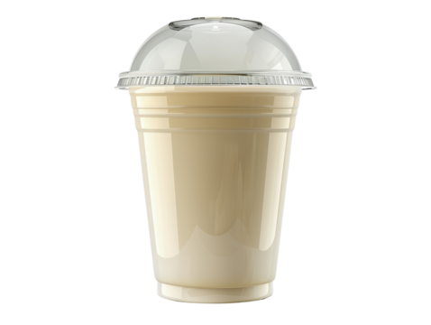 A refreshing milkshake in a clear plastic cup with a dome lid.