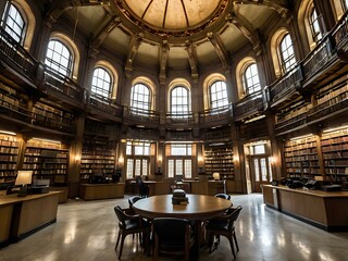 A large and luxurious library with tables and chairs with a large fireplace in the center