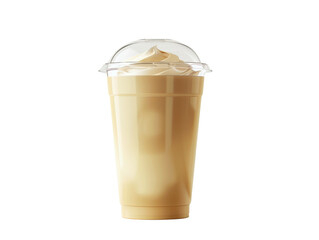 A tall plastic cup filled with a creamy, iced coffee beverage, topped with whipped cream.