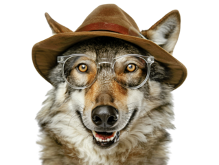 A wolf wearing a hat and glasses, looking directly at the camera with a playful expression.