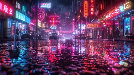 Obraz premium Vibrant neon-lit Chinatown street at night, rain-soaked pavement reflecting lights, gritty urban scene, hyper-detailed reflections, cyberpunk aesthetic, illustration background