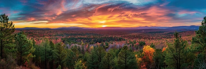 Sunset over top of colorful forest filled with multicolored trees