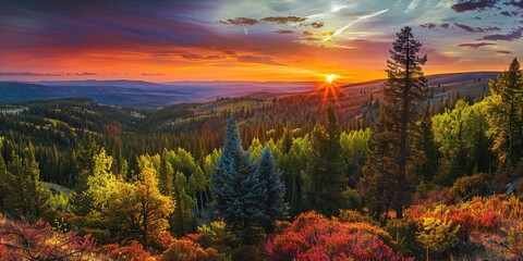 Sunset over top of colorful forest filled with multicolored trees
