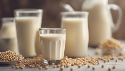 Glass of Soy milk with soybeans in bag