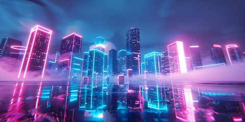 Horizonte da cidade futurista com sinais de n&eacute;on hologr&aacute;ficos