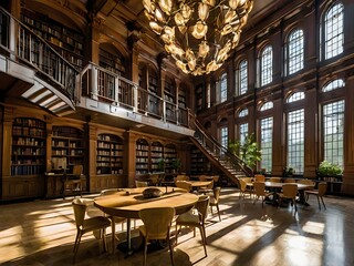 Naklejka premium A large and luxurious library with tables and chairs with a large fireplace in the center