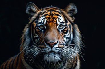 Fototapeta premium A Close-Up Portrait of a Majestic Tiger Against a Dark Background