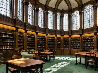 Naklejka premium A large and luxurious library with tables and chairs with a large fireplace in the center