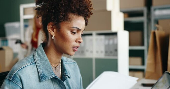 Woman, logistics and frustrated with document for storage, distribution and reading with mistake on invoice. Person, employee and stress with error on paperwork for shipping company at warehouse
