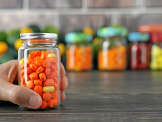 Close-up of a hand holding a glass jar filled with orange pills, with colorful jars in the background on a wooden table.