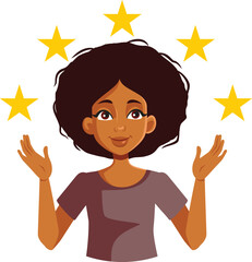 Satisfied Customer Giving Five Star Feedback Vector Cartoon. Cheerful woman celebrating giving positive feedback 
