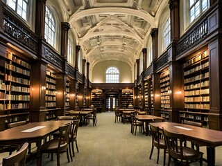 Fototapeta premium A large and luxurious library with tables and chairs with a large fireplace in the center