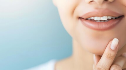 Obraz premium Close-up of a smiling woman's face with healthy teeth and soft skin, touching her chin, on a light background.