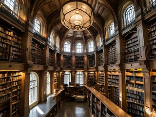 Naklejka premium A large and luxurious library with tables and chairs with a large fireplace in the center