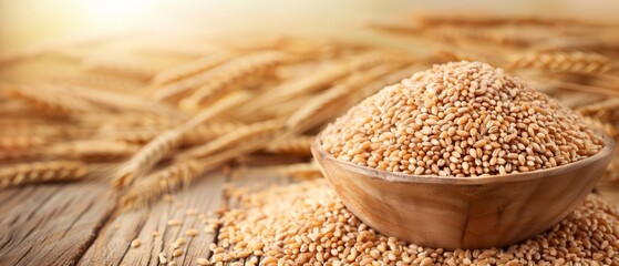 Close-up of a wooden bowl filled with grains and wheat stalks on a rustic wooden table. Perfect for concepts of health, nutrition, and agriculture.