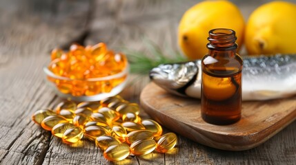 Closeup of fish oil capsules with fresh fish and lemons on a wooden background. Health and nutrition concept.